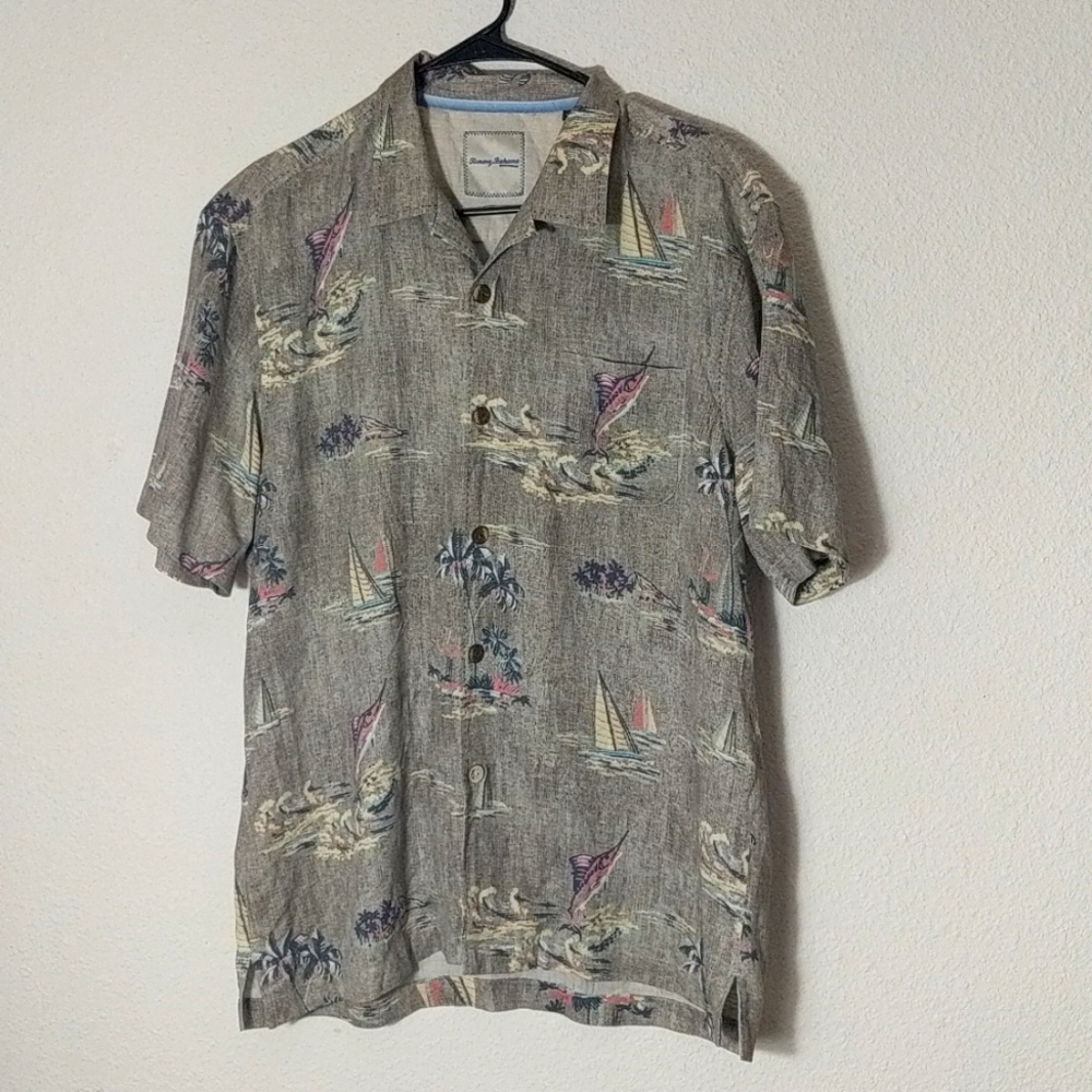 Tommy Bahama Silk Novelty Marlin Palm Trees Short Sleeve Shirt M